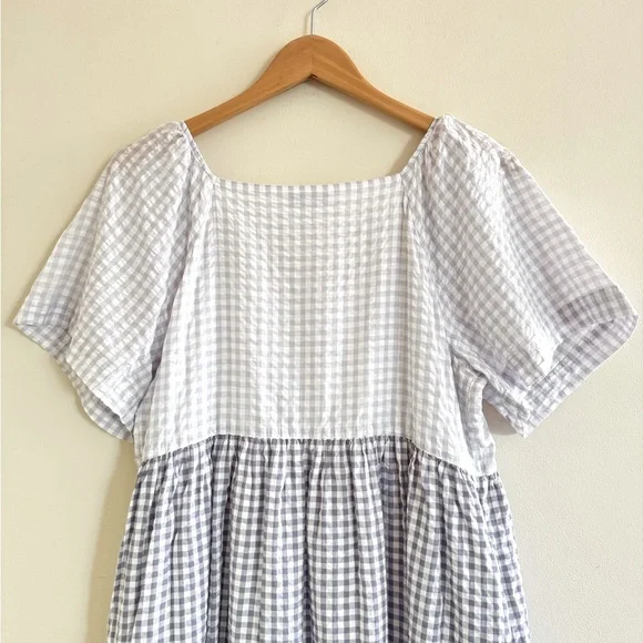Madewell Patchwork Gingham Button-Front Tiered Midi Dress Size M - Picture 9 of 12